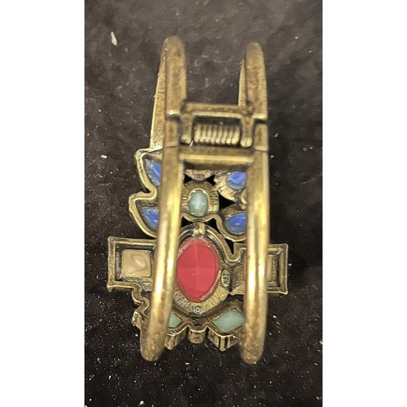 AVON NRT Deco Chunky Hinged Cuff Antique Gold Tone Bracelet Blues Pink - Picture 4 of 6